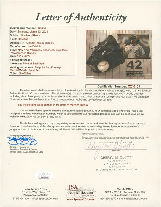 Mariano Rivera Signed Game Model Glove, Baseball & Photo Framed Display JSA COA