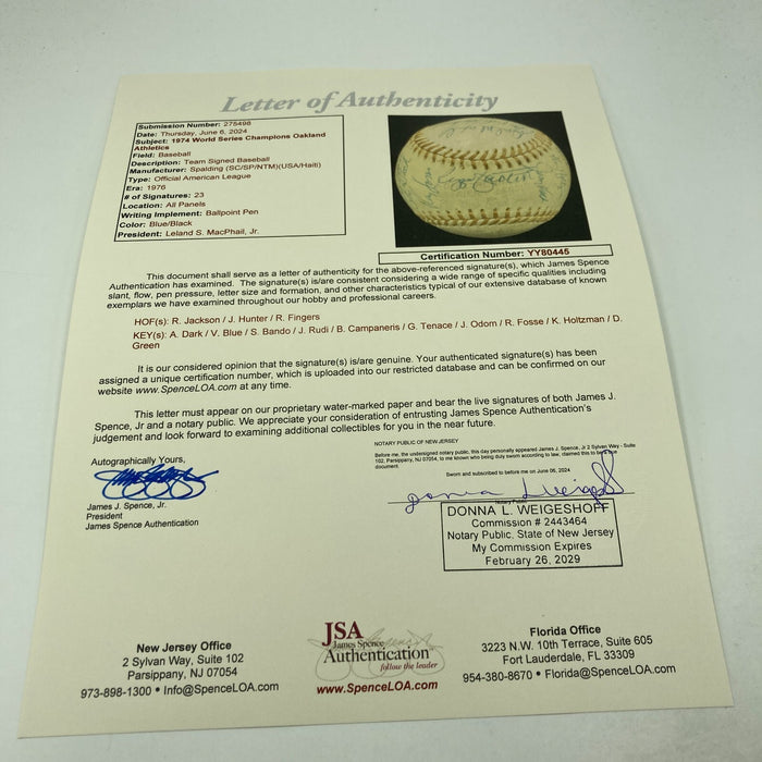 Beautiful 1974 Oakland A’s World Series Champs Team Signed Baseball JSA COA