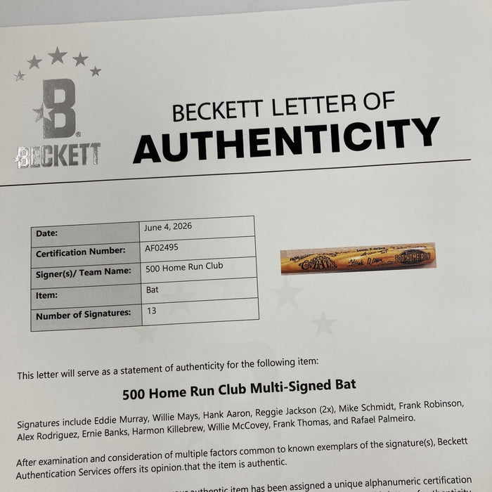 500 Home Run Club Signed Bat 13 Sigs Hank Aaron Willie Mays Beckett COA
