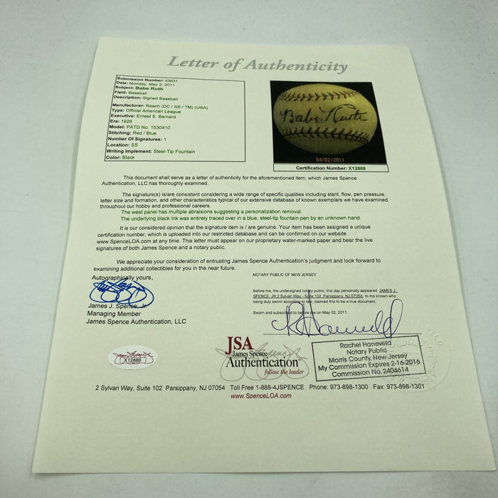Babe Ruth Single Signed 1928 American League Baseball JSA COA