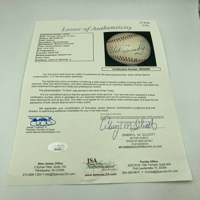 Hal Trosky Sr. Single Signed American League Baseball (Dec 1979) JSA COA RARE