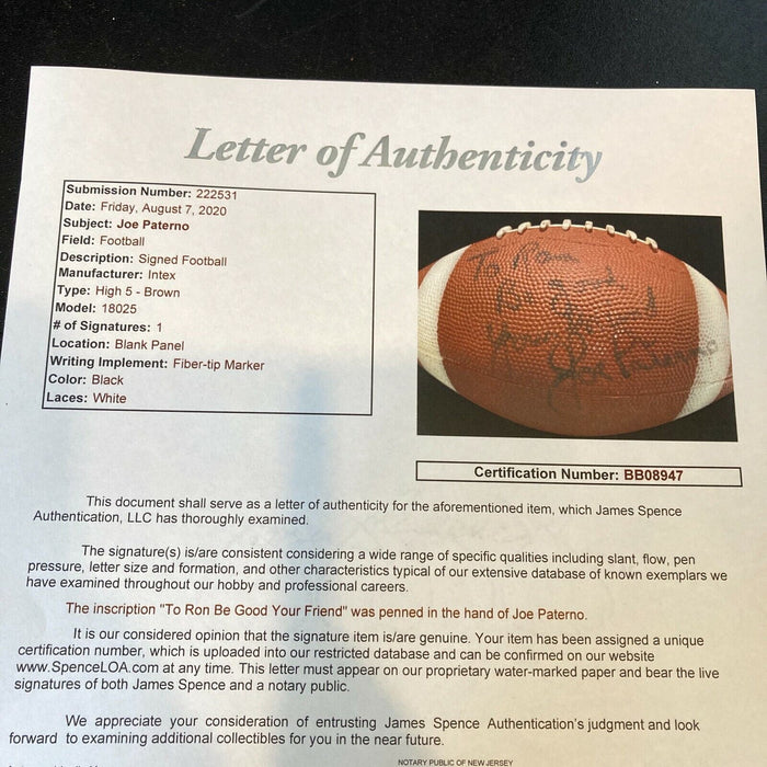 Joe Paterno Signed Autographed Football Penn State NCAA With JSA COA