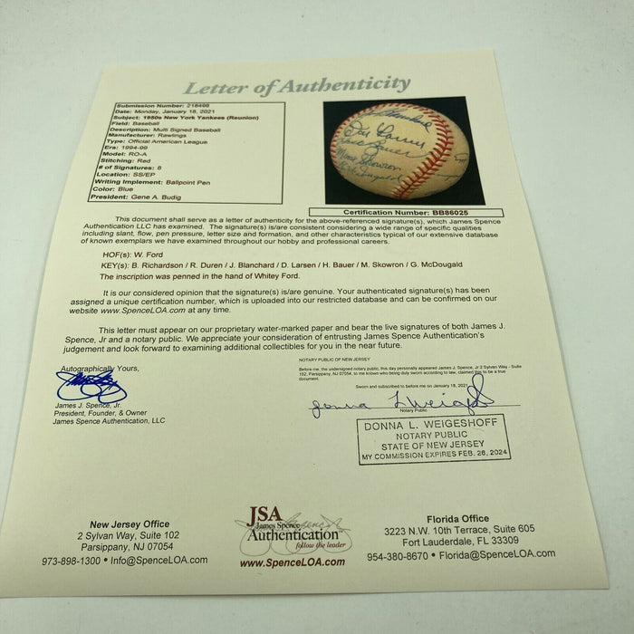 1950's New York Yankees Legends Signed Baseball Whitey Ford Don Larsen JSA COA