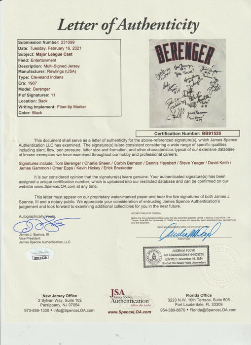 "Major League" Movie Cast Signed Tom Berenger Cleveland Indians Jersey JSA COA