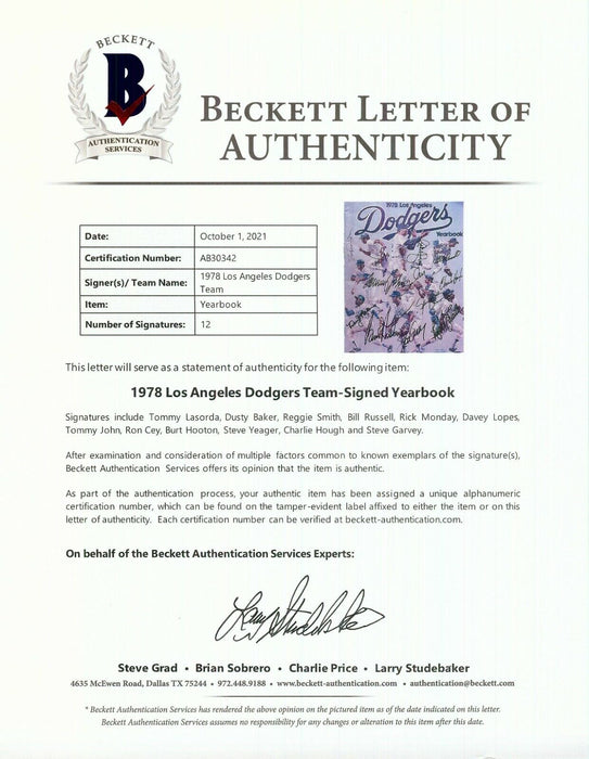 1978 Los Angeles Dodgers National League Champs Team Signed Yearbook Beckett COA