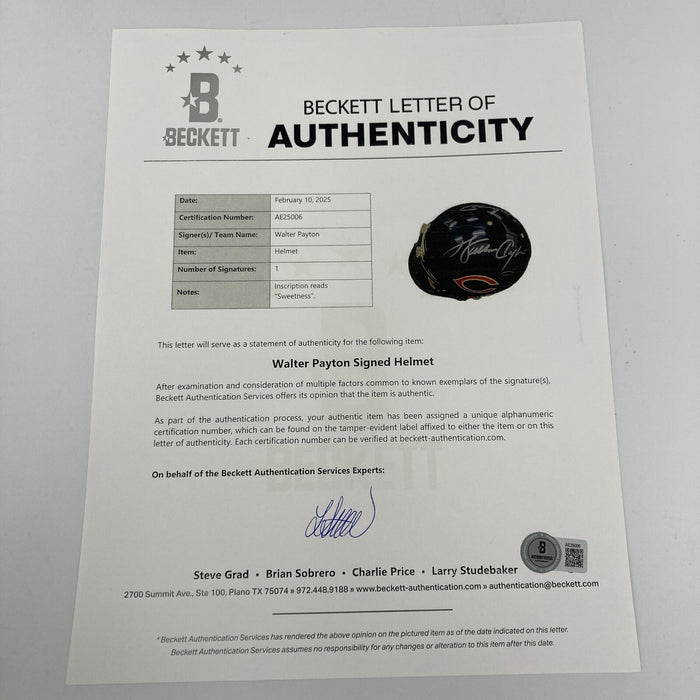 Walter Payton "Sweetness" Signed Chicago Bears Full Size Helmet PSA DNA & BAS
