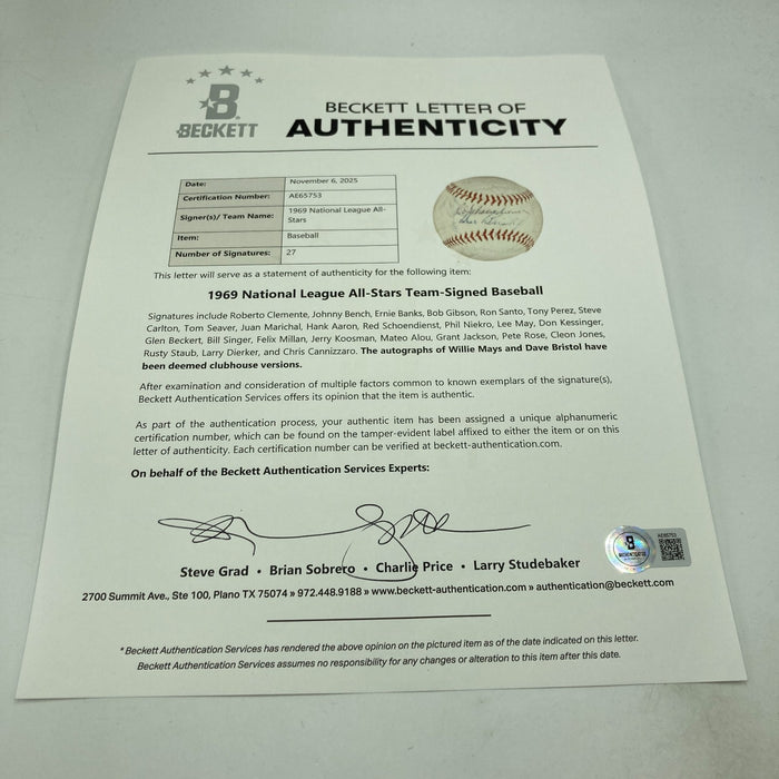 Roberto Clemente 1969 All Star Game Team Signed Baseball Beckett COA