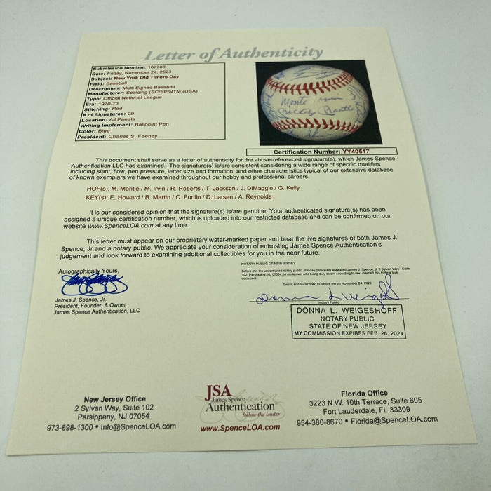 Mickey Mantle Joe DiMaggio 1970's Yankees Old Timers Day Signed Baseball JSA COA