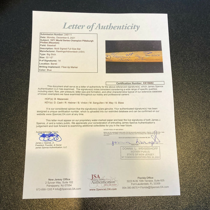 1971 Pittsburgh Pirates World Series Champs Team Signed Baseball Bat JSA COA