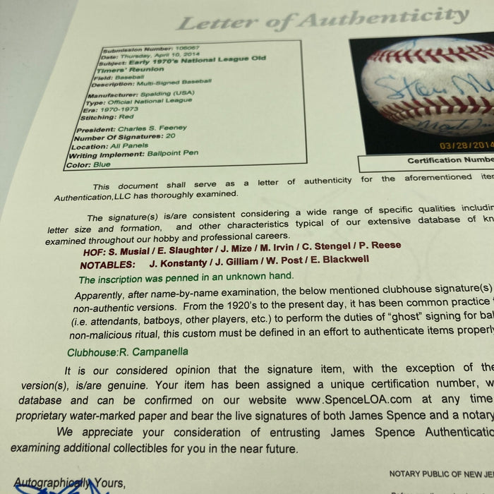 1970's Old Timers Day HOF Multi Signed Baseball Stan Musial Casey Stengel JSA