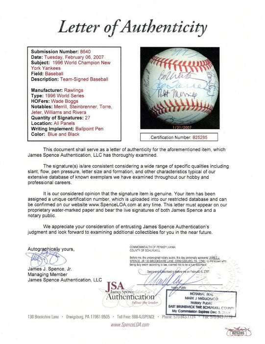 1996 Yankees Team Signed World Series Baseball Derek Jeter Mariano Rivera JSA