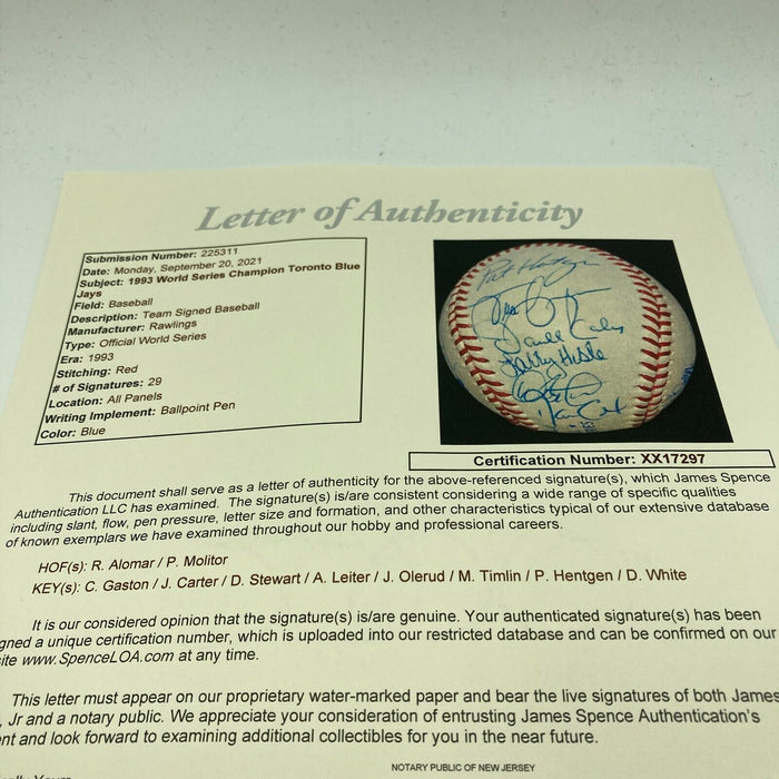 1993 Toronto Blue Jays World Series Champs Team Signed Baseball JSA COA