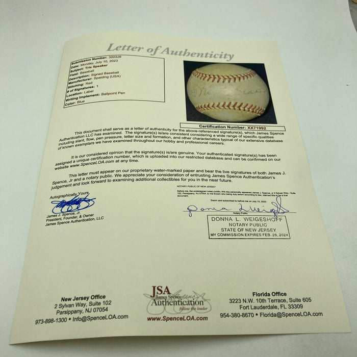 Tris Speaker Single Signed 1950's Official League Baseball JSA COA