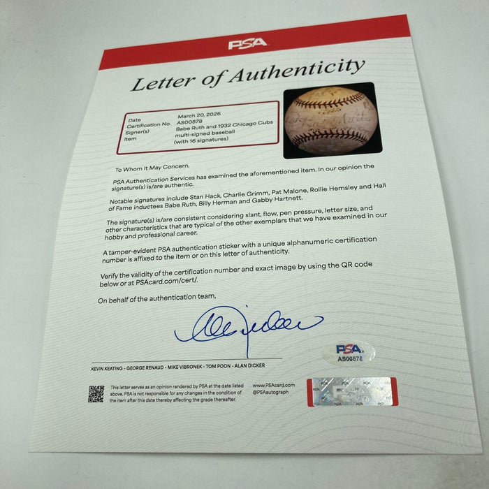 Babe Ruth & Chicago Cubs 1932 World Series Called Shot Signed Baseball PSA DNA