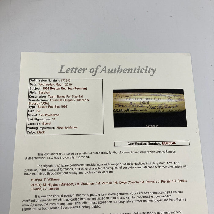 Ted Williams 1956 Boston Red Sox Team Signed Game Issued Baseball Bat JSA COA