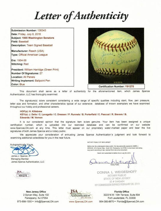 1955 Washington Senators Harmon Killebrew Rookie Team Signed AL Baseball JSA COA