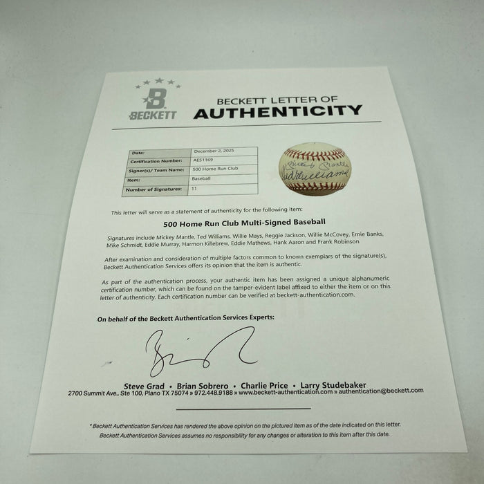 500 Home Run Signed Baseball Mickey Mantle Ted Williams Willie Mays 11 Sigs JSA
