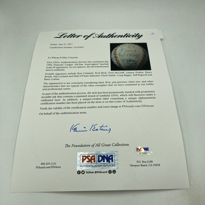 1994 All Star Game National League Team Signed Baseball Barry Bonds PSA DNA COA