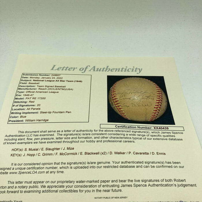 1946 All Star Game Team Signed National League Baseball Stan Musial JSA COA