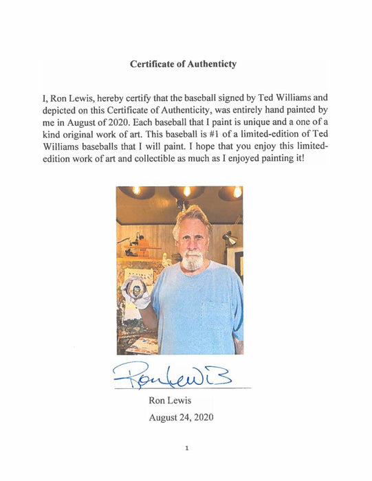Beautiful Ted Williams Signed Ron Lewis Hand Painted Art Baseball JSA COA