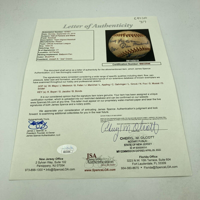 Willie Mays Joe Medwick Nellie Fox 1960's HOF Legend Multi Signed Baseball JSA