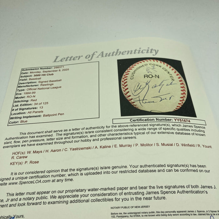 3,000 Hit Club Signed Baseball 13 Sigs Willie Mays Hank Aaron Stan Musial JSA