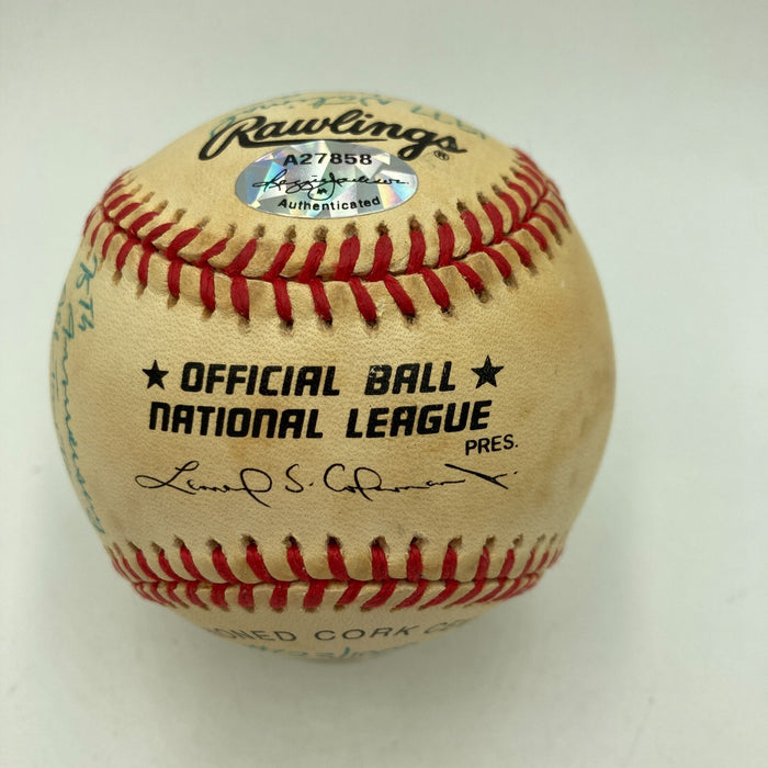 Joe Montana Signed Heavily Inscribed Career STAT Baseball Reggie Jackson COA