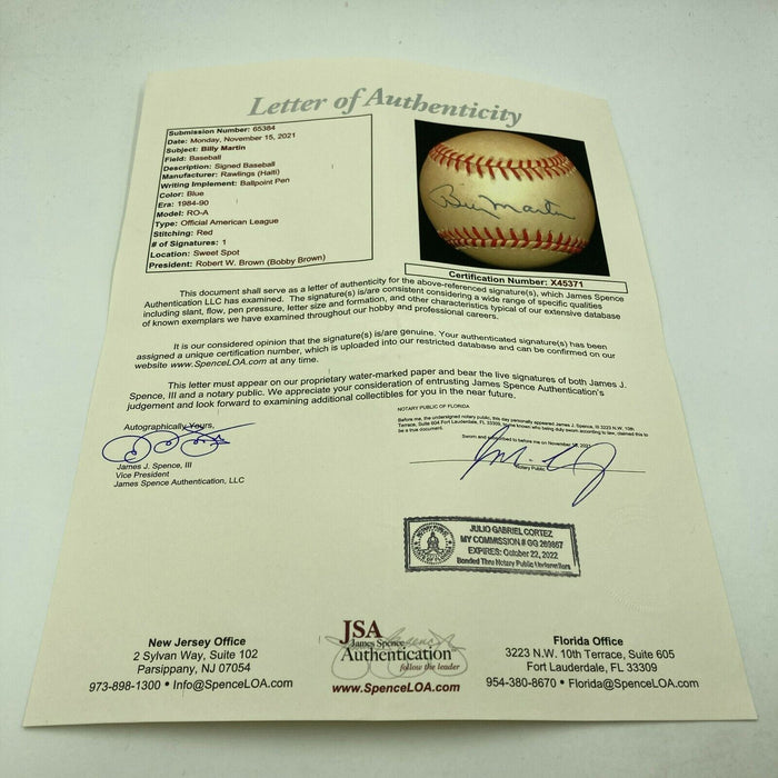 Nice Billy Martin Signed Official American League Baseball With JSA COA