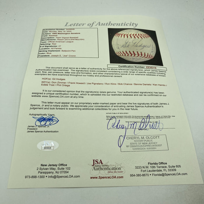 Gil Hodges Sweet Spot 1965 Washington Senators Team Signed AL Baseball JSA COA