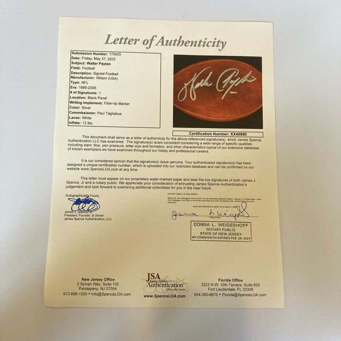 Beautiful Walter Payton Signed Wilson NFL Game Football With JSA COA