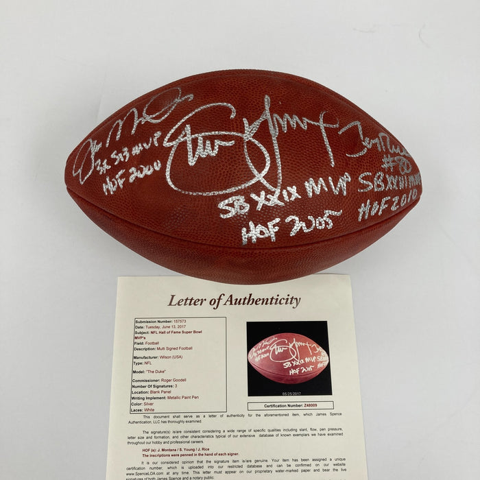 Joe Montana Steve Young Jerry Rice Signed Inscribed Super Bowl Football JSA COA