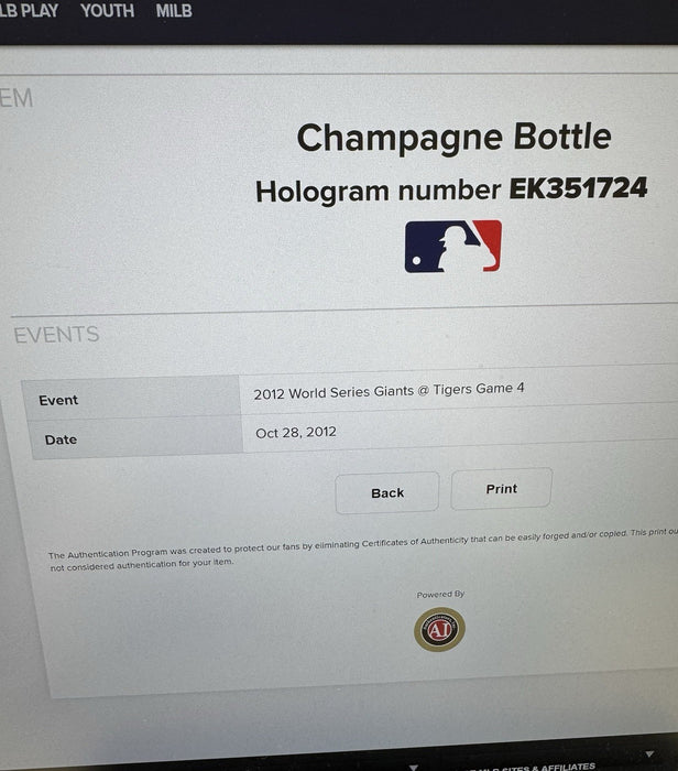 2012 San Francisco Giants W.S. Champs Team Signed Champagne Bottle PSA & MLB