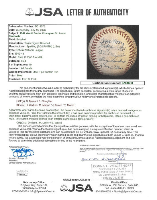 1942 St. Louis Cardinals World Series Champs Team Signed Baseball JSA COA