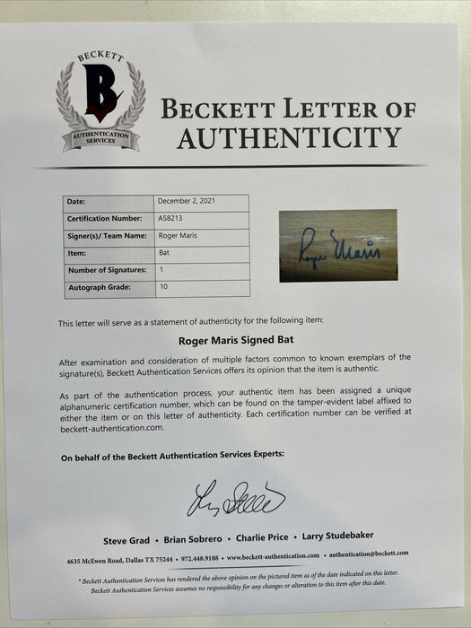 The Finest Roger Maris Signed Game Model Baseball Bat Beckett Graded Gem Mint 10