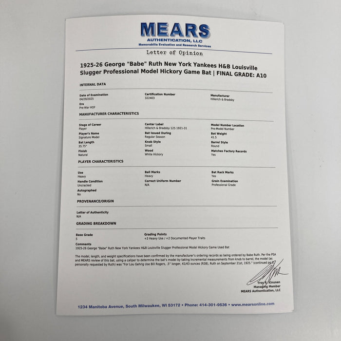 The Finest Babe Ruth 1925-1926 Game Used Bat PSA 9 & MEARS 10 COA