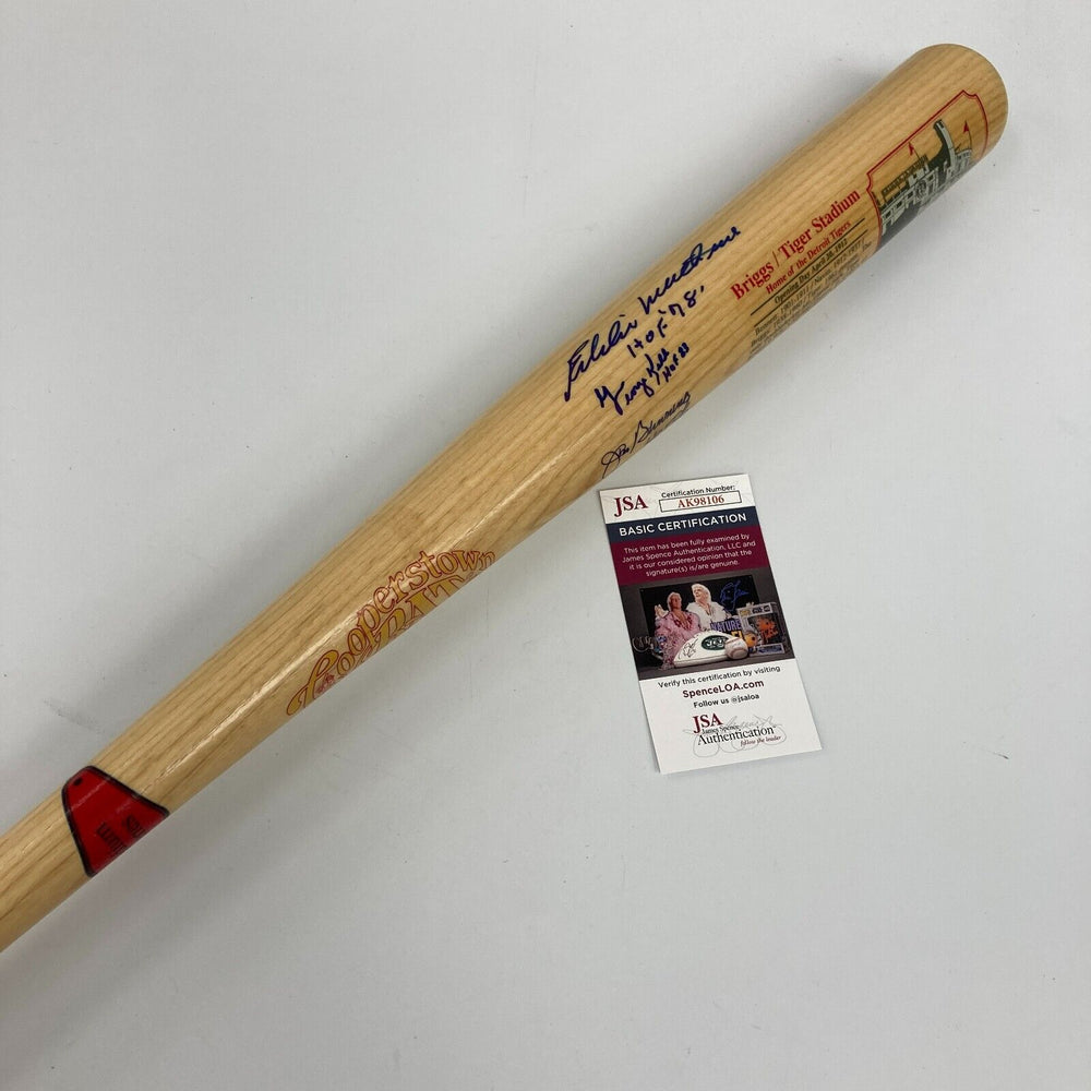 Eddie Mathews Jim Bunning Tiger Stadium Cooperstown Signed Baseball Bat JSA COA