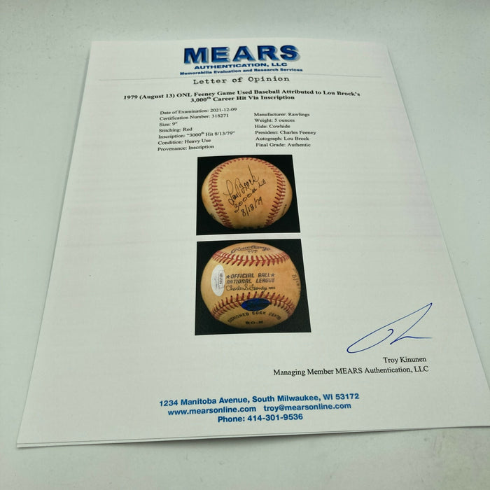 Lou Brock 8-13-1979 3,000th Hit Signed Game Used Baseball With MEARS & JSA COA