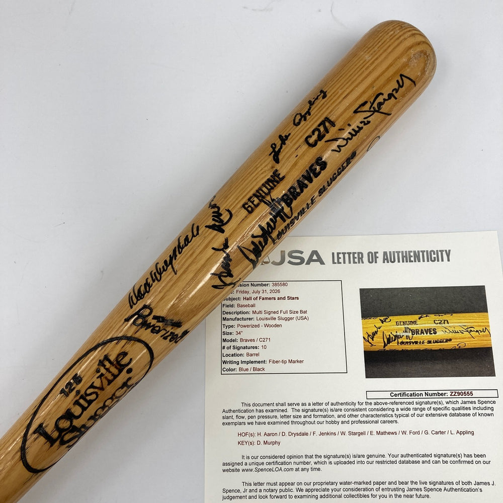 Hank Aaron Eddie Mathews Willie Stargell Gary Carter HOF Signed Baseball Bat JSA