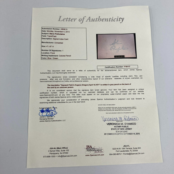 Steve Prefontaine Signed Index Card Signed In 1971 At Olympics Trial JSA COA