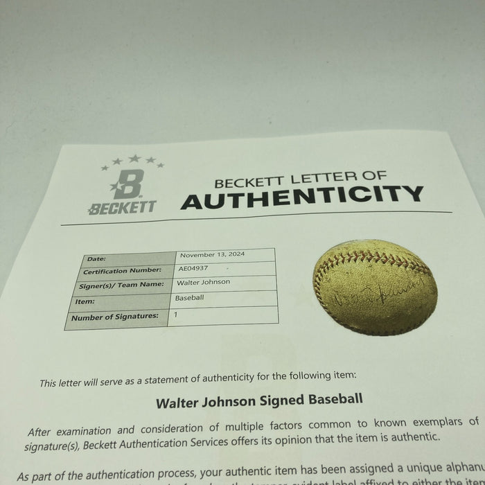 Walter Johnson Single Signed Official American League Baseball PSA DNA & Beckett