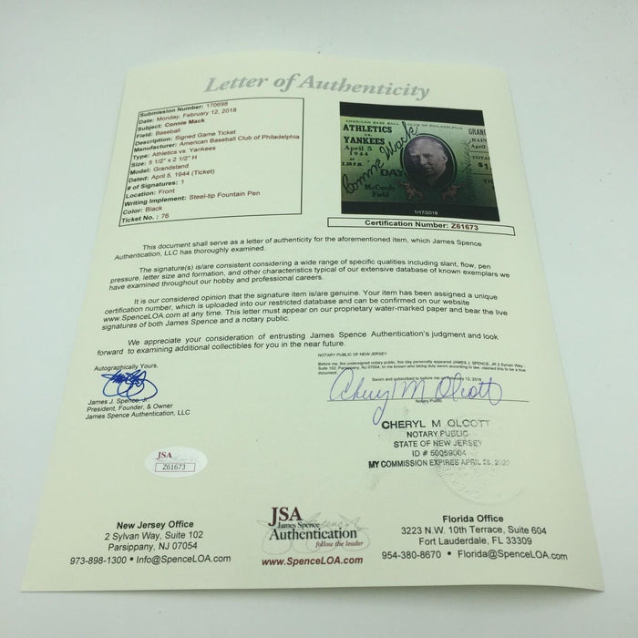 Rare Connie Mack Signed April 5, 1944 "Connie Mack Day Ticket "With JSA COA