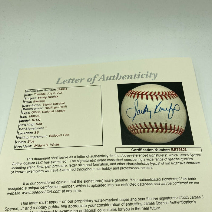 Beautiful Sandy Koufax Signed Official National League Baseball With JSA COA