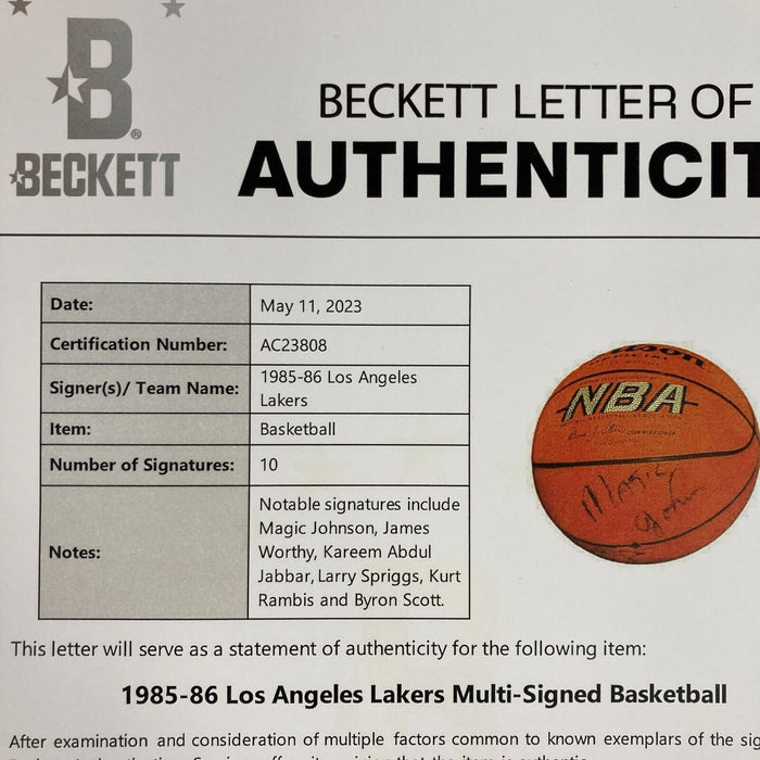 1985-86 Los Angeles Lakers Team Signed Basketball Abdul Jabbar Magic Johnson BAS