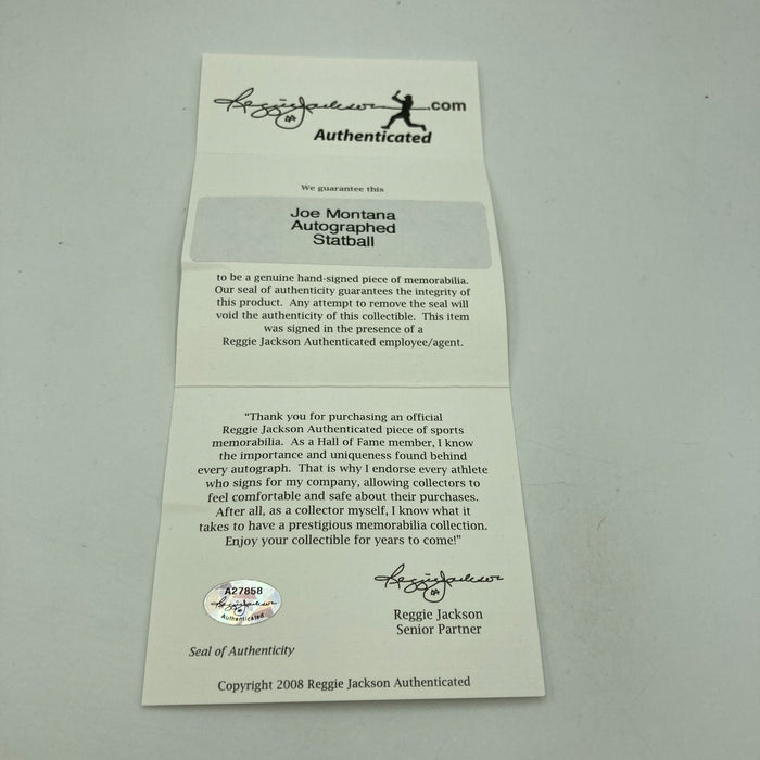 Joe Montana Signed Heavily Inscribed Career STAT Baseball Reggie Jackson COA