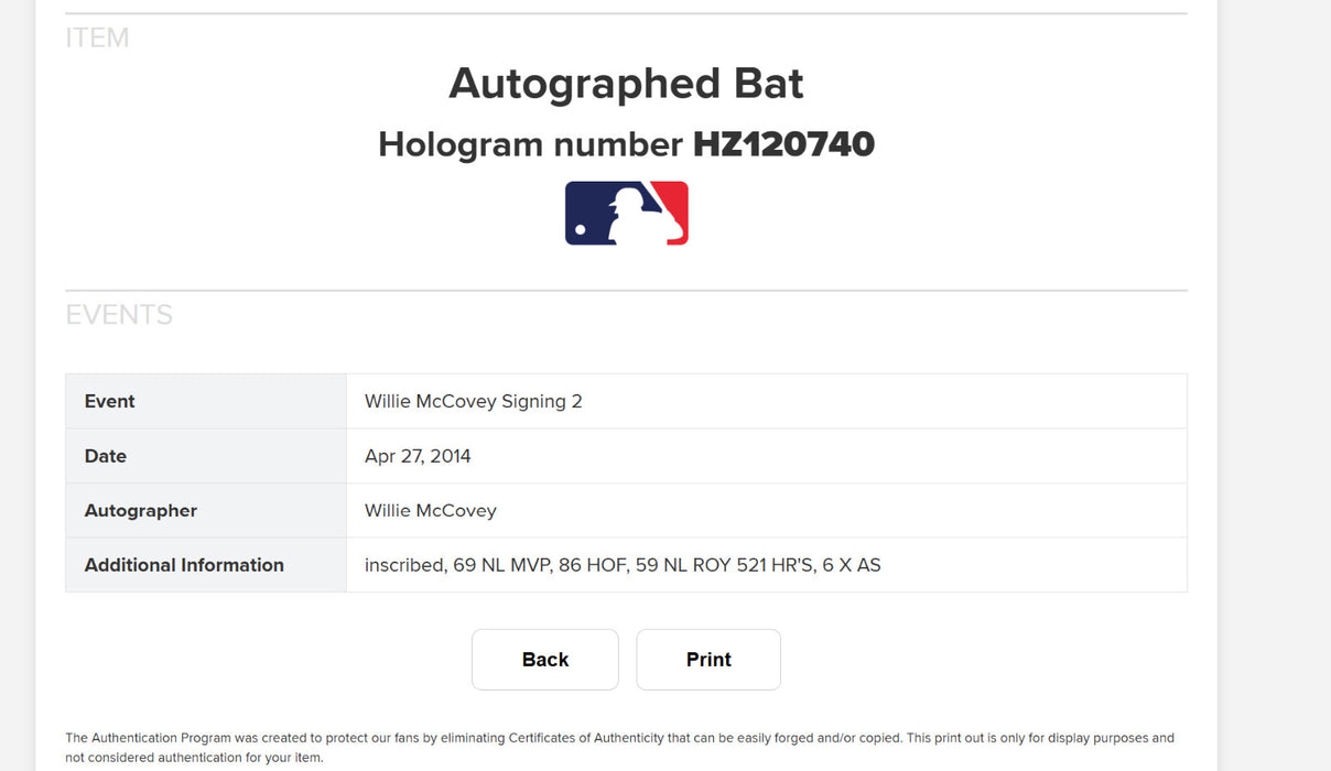 Willie Mccovey Signed Heavily Inscribed STAT Baseball Bat MLB & Fanatics Holo