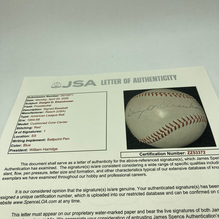 President Dwight D. Eisenhower Single Signed American League Baseball JSA COA