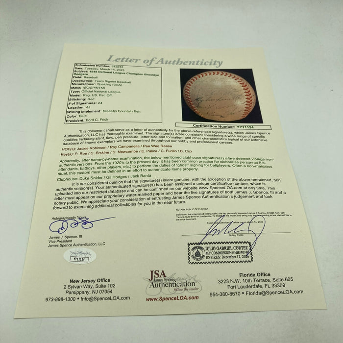 Jackie Robinson 1949 Brooklyn Dodgers NL Champs Team Signed Baseball JSA COA