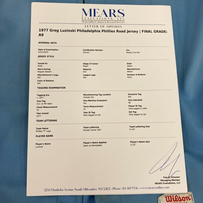 Greg Luzinski 1977 Signed Game Used Philadelphia Phillies Jersey MEARS A9