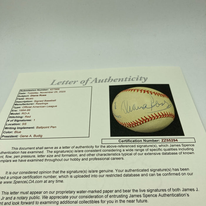 Diana Ross Single Signed Official American League Baseball JSA COA RARE