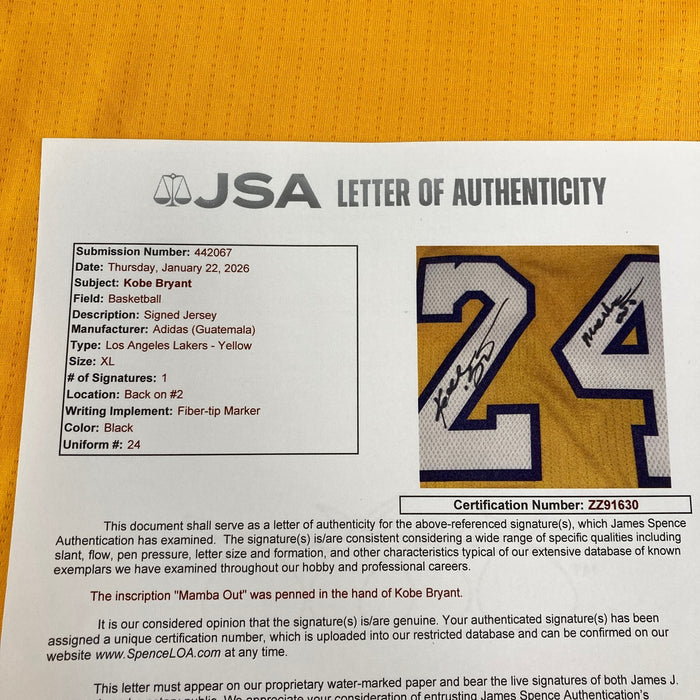 Kobe Bryant  "Mamba Out" Signed Authentic Adidas Los Angeles Lakers Jersey JSA